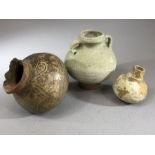 Collection of three Greek or Roman terracotta/pottery vessels, one with hole to base and