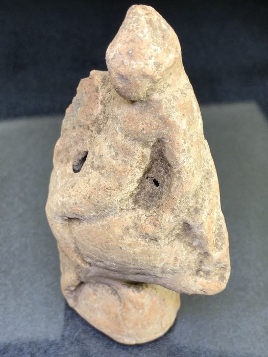 Terracotta pipe clay figurine, possibly Roman, depicting a youth seated backwards, on the back of - Image 6 of 8