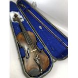 Vintage French violin, bridge marked 'Aubert A Mirecourt', with mother of pearl detailing to