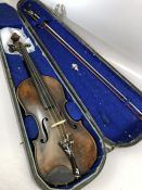 Vintage French violin, bridge marked 'Aubert A Mirecourt', with mother of pearl detailing to