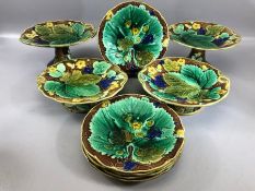 Collection of Majolica grape and vine leaf design ceramics to include five plates, each approx