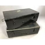 Pair of modern black metal trunks, each approx 92cm x 51cm x 33cm tall