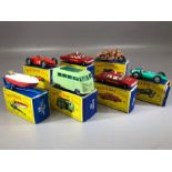 Seven boxed Matchbox Series diecast model vehicles: 19 Aston Martin Racer, 34 Volkswagen Camping