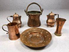 Collection of antique copper ware to include bucket, plate, tankard etc (6)