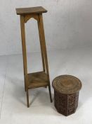 Carved small Indian tea table and a wooden tall plant stand approx 103cm tall