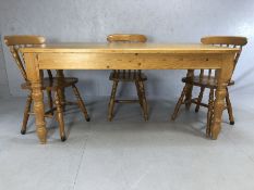 Pine farmhouse style kitchen / dining table with single drawer, approx 160cm x 85cm x 77cm tall,