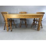 Pine farmhouse style kitchen / dining table with single drawer, approx 160cm x 85cm x 77cm tall,