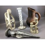 Collection of curios to include two contemporary figures, a barley twist candlestick, jug etc (5)