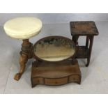 Heavily carved tripod swivel stool with padded damask top. Oriental carved, small, occasional