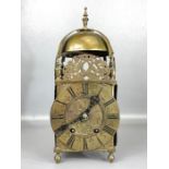 Brass Striking English Lantern Clock with four posted frame and pierced frets, restored by Charles