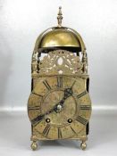 Brass Striking English Lantern Clock with four posted frame and pierced frets, restored by Charles