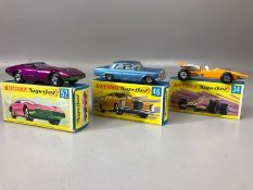 Three boxed Matchbox Superfast diecast model vehicles: 34 Formula 1 Racing Car, 46 Mercedes 300
