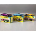 Three boxed Matchbox Superfast diecast model vehicles: 34 Formula 1 Racing Car, 46 Mercedes 300