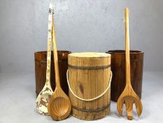 Collection of wooden items to include three metal-bound wooden buckets / containers or stools,