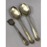 Two hallmarked silver spoons and a Georgian silver sugar shovel (a/f) approx 57g