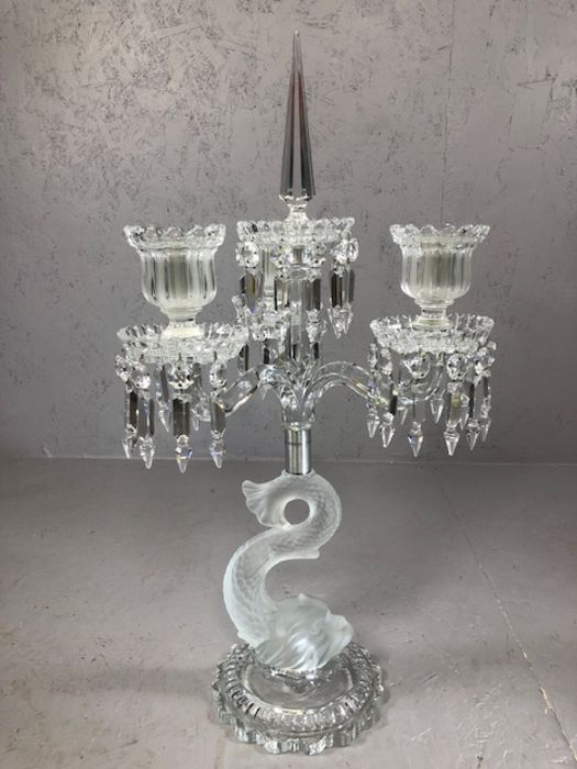BACCARAT CRYSTAL three arm candelabra in the form of a fish fashioned in opaque glass with drop