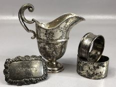 Collection of hallmarked silver items to include small silver jug two napkin rings and a Sherry