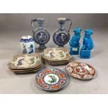 Collection of ceramics, mostly Chinese, to include pair of turquoise foo dogs, two plates approx