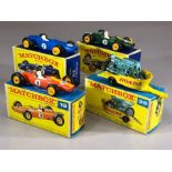 Four boxed Matchbox Series diecast model vehicles: 19 Green, 19 Orange, 38 Honda Motorcycle with