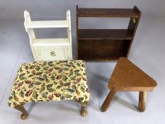 Collection of small vintage items of furniture to include two mini shelving units and two stools (