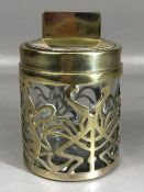Art Nouveau heavy glass pot with Silver plated exterior decoration to pot and lid approx 13cm tall