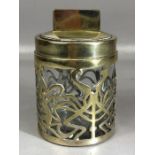 Art Nouveau heavy glass pot with Silver plated exterior decoration to pot and lid approx 13cm tall