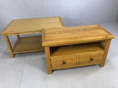 Modern light oak coffee table with magazine shelf under and light oak TV unit with two drawers under