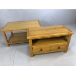 Modern light oak coffee table with magazine shelf under and light oak TV unit with two drawers under