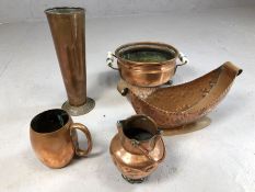 Collection of antique copper items to include twin ceramic handled bowl etc (5)