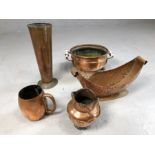 Collection of antique copper items to include twin ceramic handled bowl etc (5)