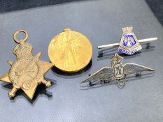 Collection of British medals and pins. Medals for C.W. Tunnell 358707, O.S.1.R.N plus RAF pin &
