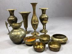 Good collection of Eastern brassware to include vases, candlesticks, jugs and dishes, 12 pieces