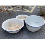 Vintage metal enamelled bowls, the largest approx 41cm in diameter