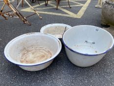 Vintage metal enamelled bowls, the largest approx 41cm in diameter