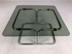 Mid Century smoked glass and chrome coffee table, approx 71cm x 71cm x 25cm
