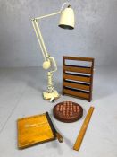 Collection of vintage items to include industrial / machinists lamp, vintage guillotine, hanging