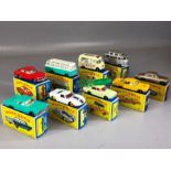 Nine boxed Matchbox Series diecast model vehicles: 41 Ford GT Racer, 20 Taxi-Cab, 28 Mark Ten