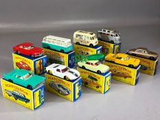 Nine boxed Matchbox Series diecast model vehicles: 41 Ford GT Racer, 20 Taxi-Cab, 28 Mark Ten