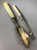 Silver & mother of pearl handled fish knife and silver fork with mother of pearl handle