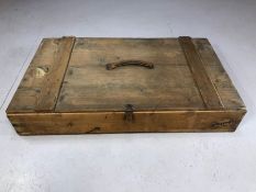 Vintage pine wooden box with metal fittings, marked Edinburgh, approx 94cm x 56cm x 15cm deep