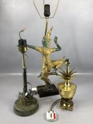Collection of three vintage metal lamp bases, one in the form of a dancing Thai woman, one in the