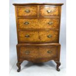 Vintage burr walnut serpentine fronted chest of five drawers, approx 66cm x 44cm x 100cm tall