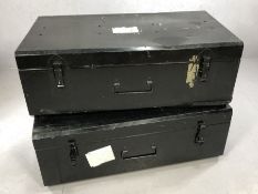 Pair of modern black metal trunks, each approx 92cm x 51cm x 33cm tall