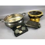 Collection of metalware and curios to include two dishes, a hip flask and a pair of antique