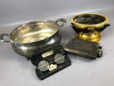 Collection of metalware and curios to include two dishes, a hip flask and a pair of antique