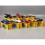 Nine boxed Matchbox diecast model vehicles: 71, 74, 41, 11, 71, 65, 03 x 2 and Formula One