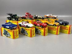 Nine boxed Matchbox diecast model vehicles: 71, 74, 41, 11, 71, 65, 03 x 2 and Formula One