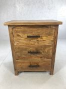 Contemporary hardwood small bedside / chest of three drawers, approx 58cm x 40cm x 70cm tall