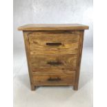 Contemporary hardwood small bedside / chest of three drawers, approx 58cm x 40cm x 70cm tall