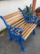 Blue painted wrought iron garden chair with wooden seat, approx 76cm in length